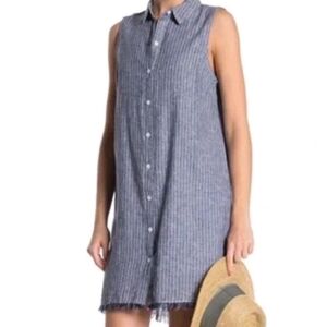 Beach Lunch Lounge Blue White Striped Linen Sleeveless Tunic Shirt Dress Large